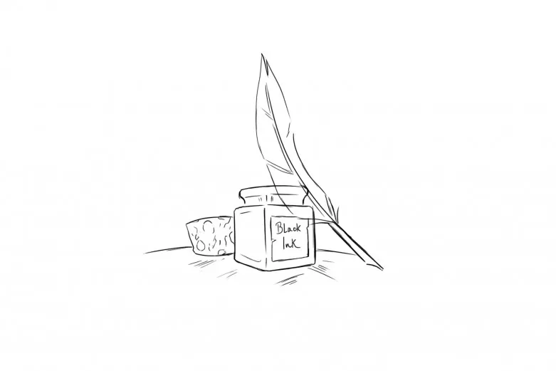 Black and white sketch of an inkpot